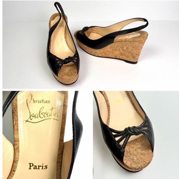 Christian Louboutin Cork Wedges Sandals Black Leather Peep Toe Slingback US 8